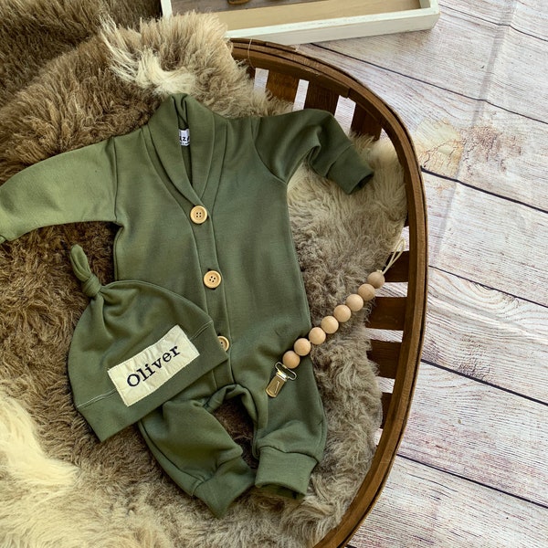 Army green romper  Boy Clothes.Going Home Outfit Newborn Boy.Take home outfit.Preppy. Personalized boy gift.Name hat. Spring summer outfit