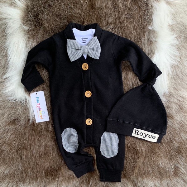 Black romper  Boy Clothes. Coming Home Outfit , Newborn Boy Coming Home Outfit Take home outfit.Preppy.boy gift.Name hat.Fall outfit
