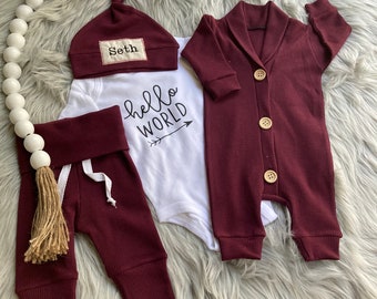 Newborn Boy Coming Home Outfit,Burgundy Baby Boy Coming Home Outfit,Baby Boy Gift,Personalized Going Home Outfit Baby Boy, Newborn Set Name