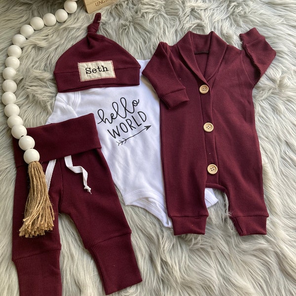 Newborn Boy Coming Home Outfit,Burgundy Baby Boy Coming Home Outfit,Baby Boy Gift,Personalized Going Home Outfit Baby Boy, Newborn Set Name