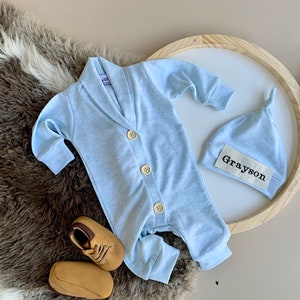 Light Blue romper.Boy Clothes.Going Home Outfit Newborn Boy.Take home outfit.Preppy. Personalized boy gift.Name hat.Spring outfit.