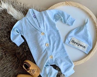 Light Blue romper.Boy Clothes.Going Home Outfit Newborn Boy.Take home outfit.Preppy. Personalized boy gift.Name hat.Spring outfit.
