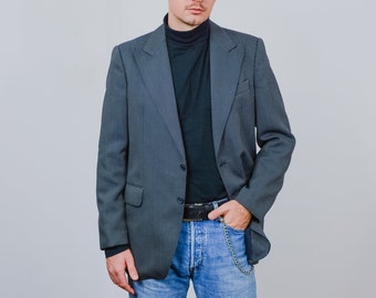 Blue blazer vintage striped suit top wool jacket men formal preppy lined L Large