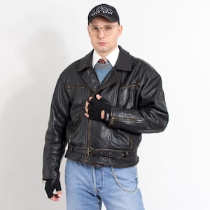 Jaqueta de couro de motociclista vintage preta desgastada motociclista masculina tamanho XL
