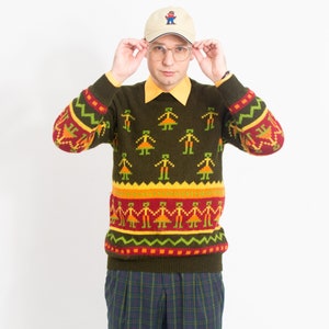 Pure wool sweater vintage warm jumper multi color pullover men size L