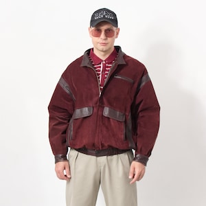 Burgundy leather bomber jacket 80&#39;s vintage men size L/XL