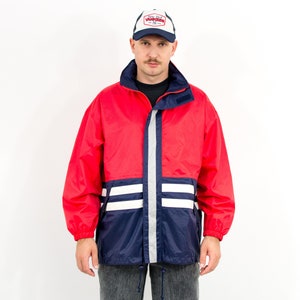 Vintage 90s windbreaker hooded jacket nylon red navy blue light L/XL