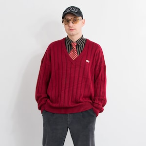 Lacoste vintage burgundy V neck sweater red wool mohair preppy pullover
