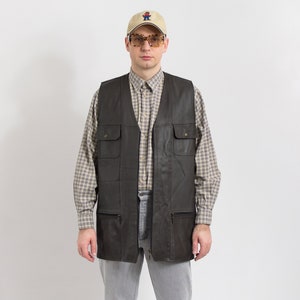 Faux Leather Fishing Vest Black Vintage Sleeveless Jacket Cargo XL 