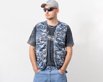 Camo Cargo vest Vintage 90s fishing utility top men size M