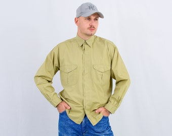Vintage Khaki Shirt Militär Langarm Baumwolle Tom Tailor Herren beige L/XL