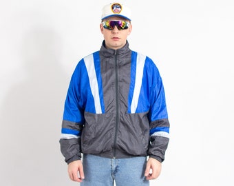 Track jacket vintage 90s blue gray shell nylon men size L