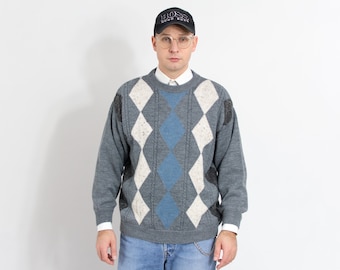 80s retro sweater gray diamond pattern jumper preppy pullover men size L/XL