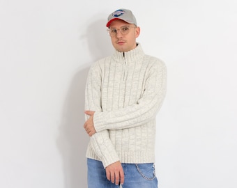 Winter sweater vintage y2k wool zip up pullover white gray turtleneck men size M