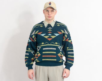 Retro sweater geometric pattern wool pullover vintage jumper men size L
