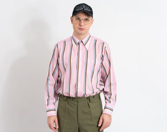 Vintage 70s shirt dagger collar striped pink long sleeved men size XL