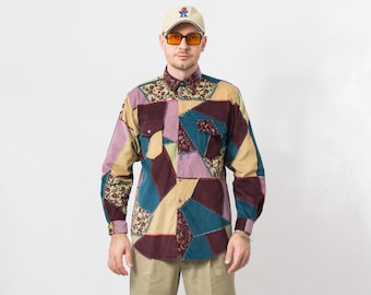 chemise en velours côtelé imprimé vintage patchwork arc-en-ciel à manches longues hommes taille M