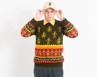 Pure wool sweater vintage warm jumper multi color pullover men size L