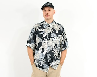 Summer shirt floral leaves printed vintage black white top men XL