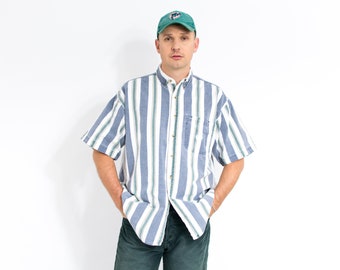 Striped denim shirt 90s vintage short sleeve men size XL