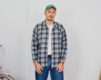 Cotton shirt vintage 90's checkered Cecil flannel men blue tartan button down up hipster grunge M/L