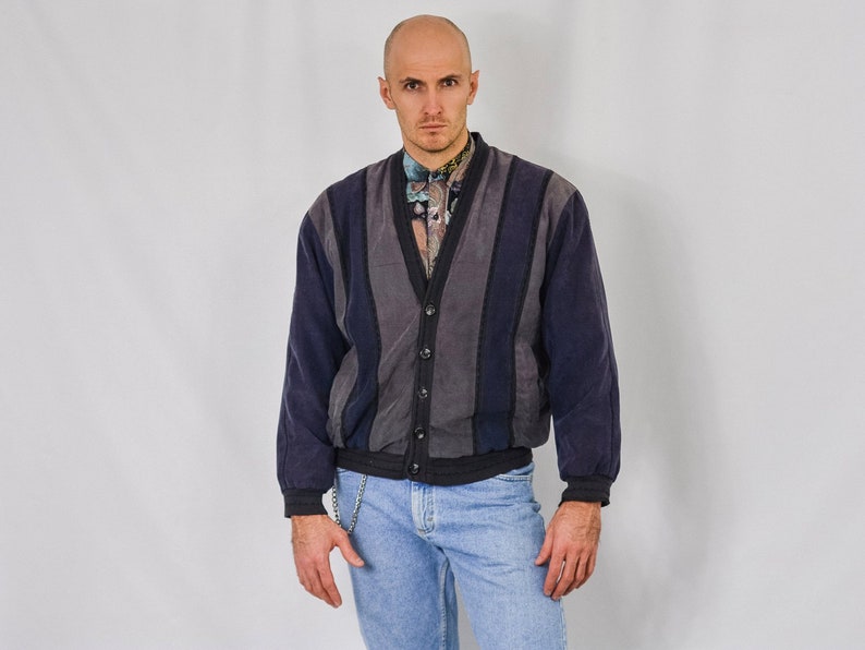 Suede bomber jacket Italian Style Vintage gray 80/'s retro lined hipster patchwork men L