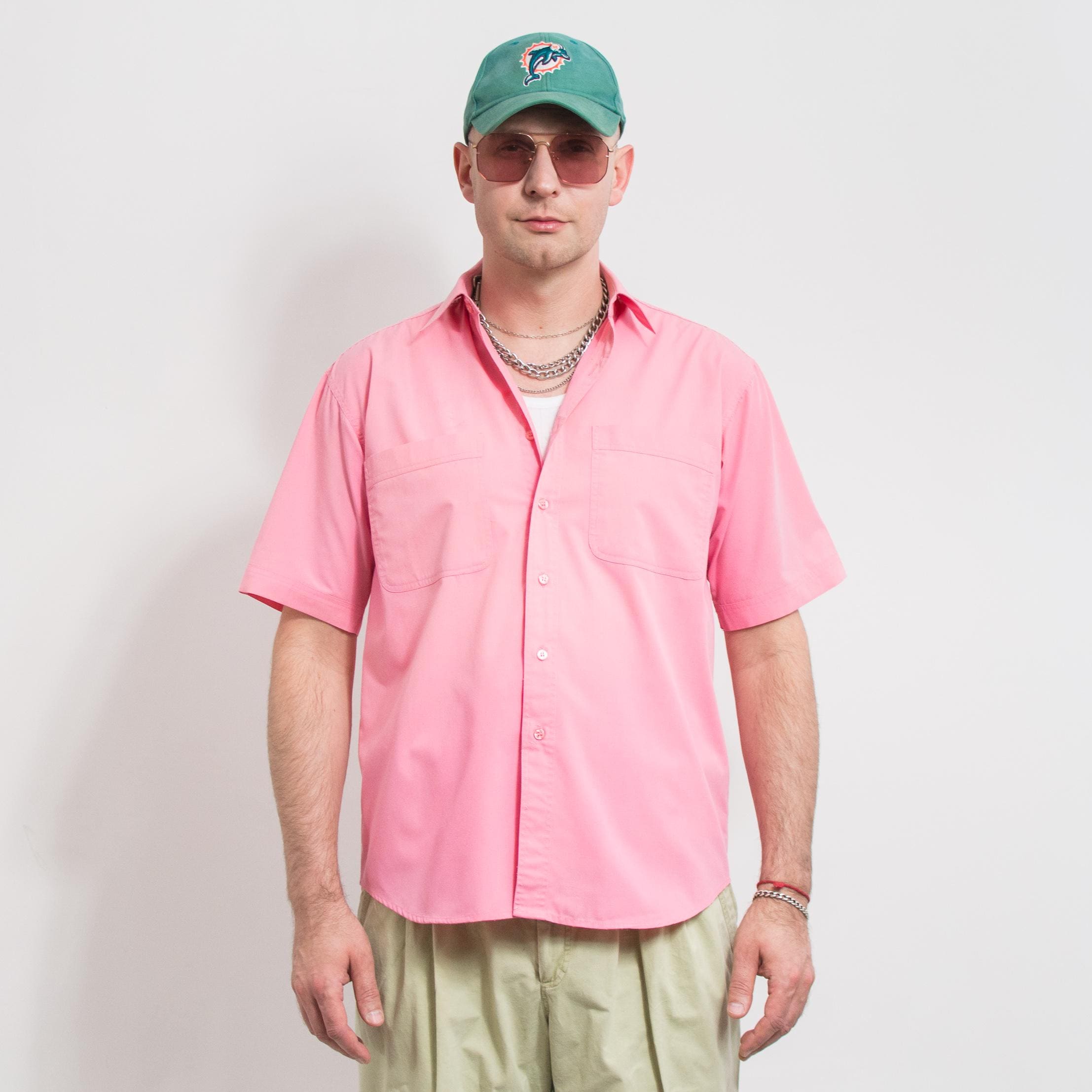 Vintage 90's Shirt Pink Button Down Short Sleeve 100% Cotton Men