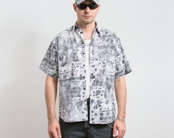 Vintage 90er Jahre Herren Sommerhemd | Kurzarm, geknöpft | schwarz weiß Druck | Größe L