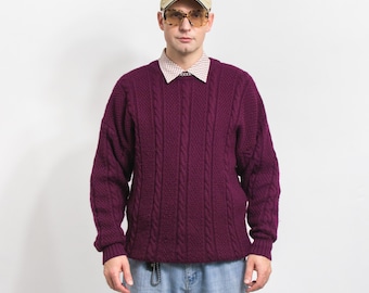 Suéter de lana burdeos Vintage minimalista para hombre talla XL