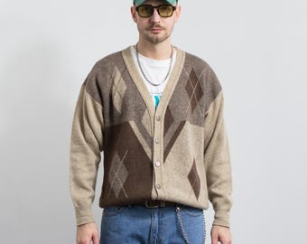 Vintage Herren Wolle Strickjacke Beige Braun Argyle Pullover XL / XXL