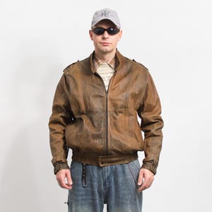 Cazadora bomber de piel marrón Vintage años 80 para hombre talla L/XL