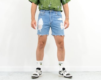 Cortar pantalones cortos vintage angustiado parche de sonrisa vintage cortes reelaborados denim L/XL