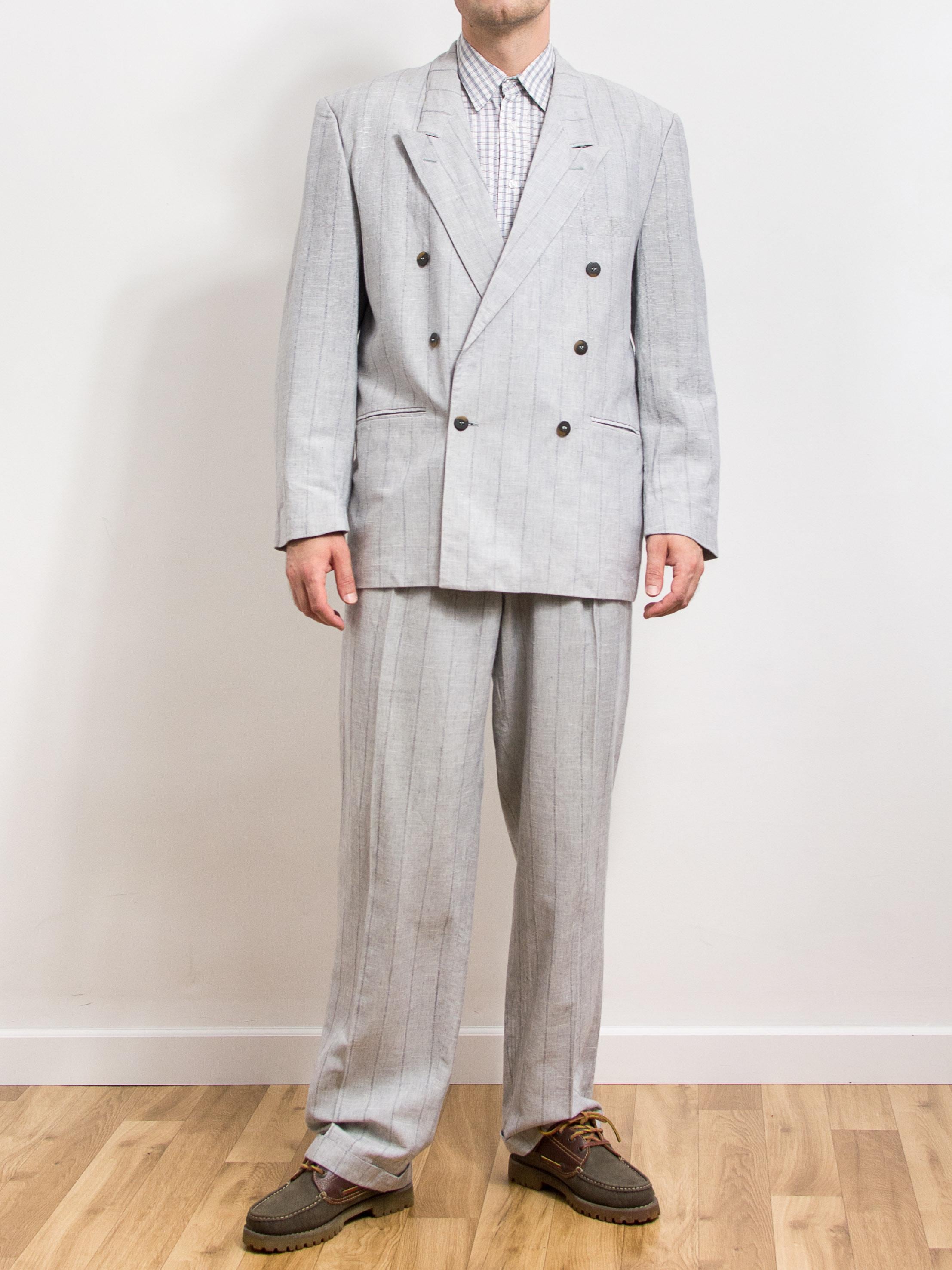 Vintage Gray Striped Double Breasted Suit 2 Piece Set Men's