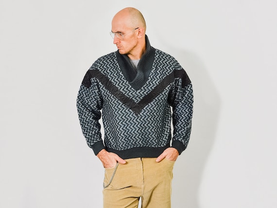 80s sweater men patchwork leather Patterned pullo… - image 2