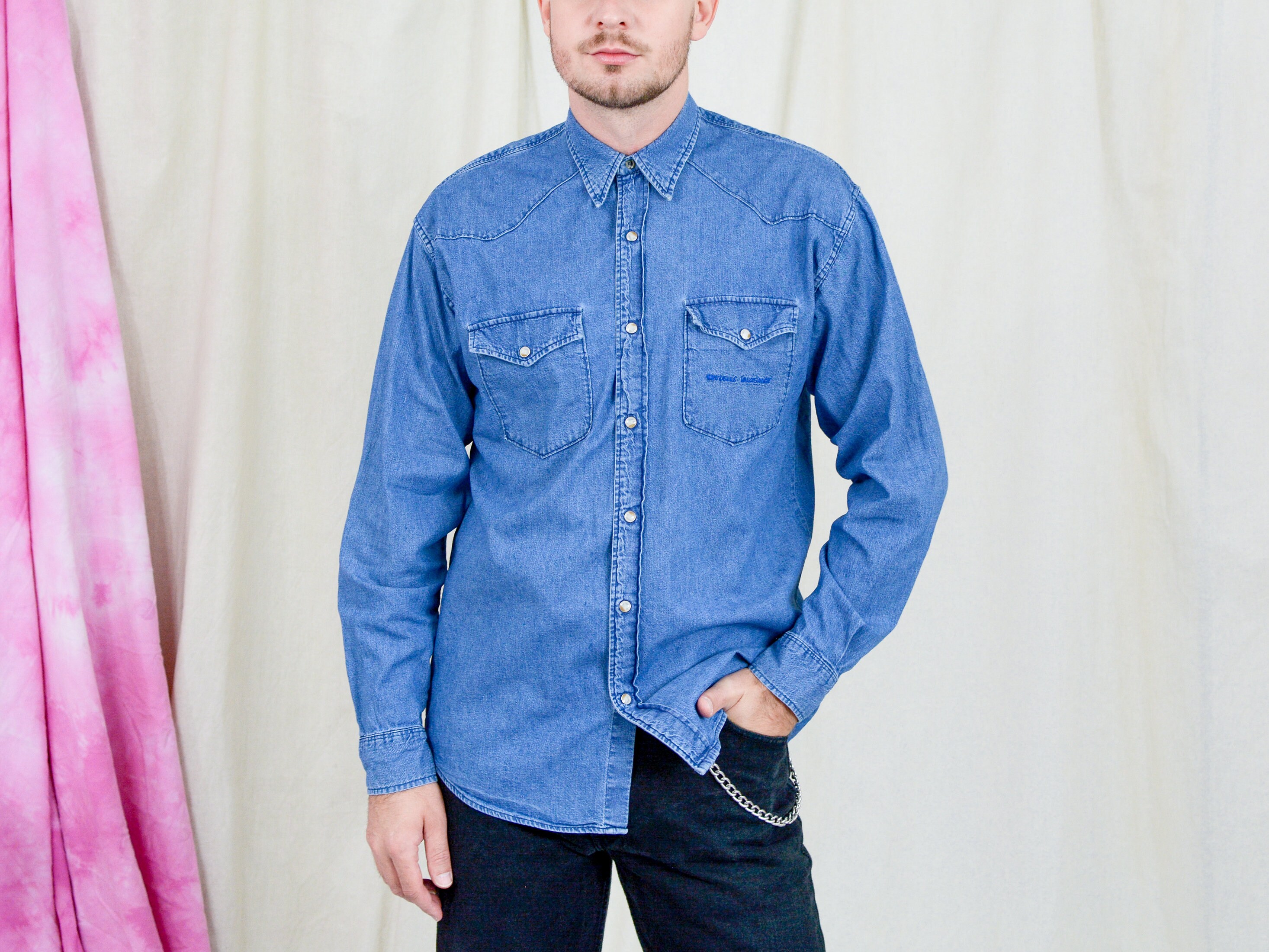 Long Sleeve Denim Shirt Blue Button 