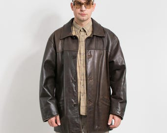 Brown Leather Jacket Vintage 90s Minimalist Oversized Coat Men