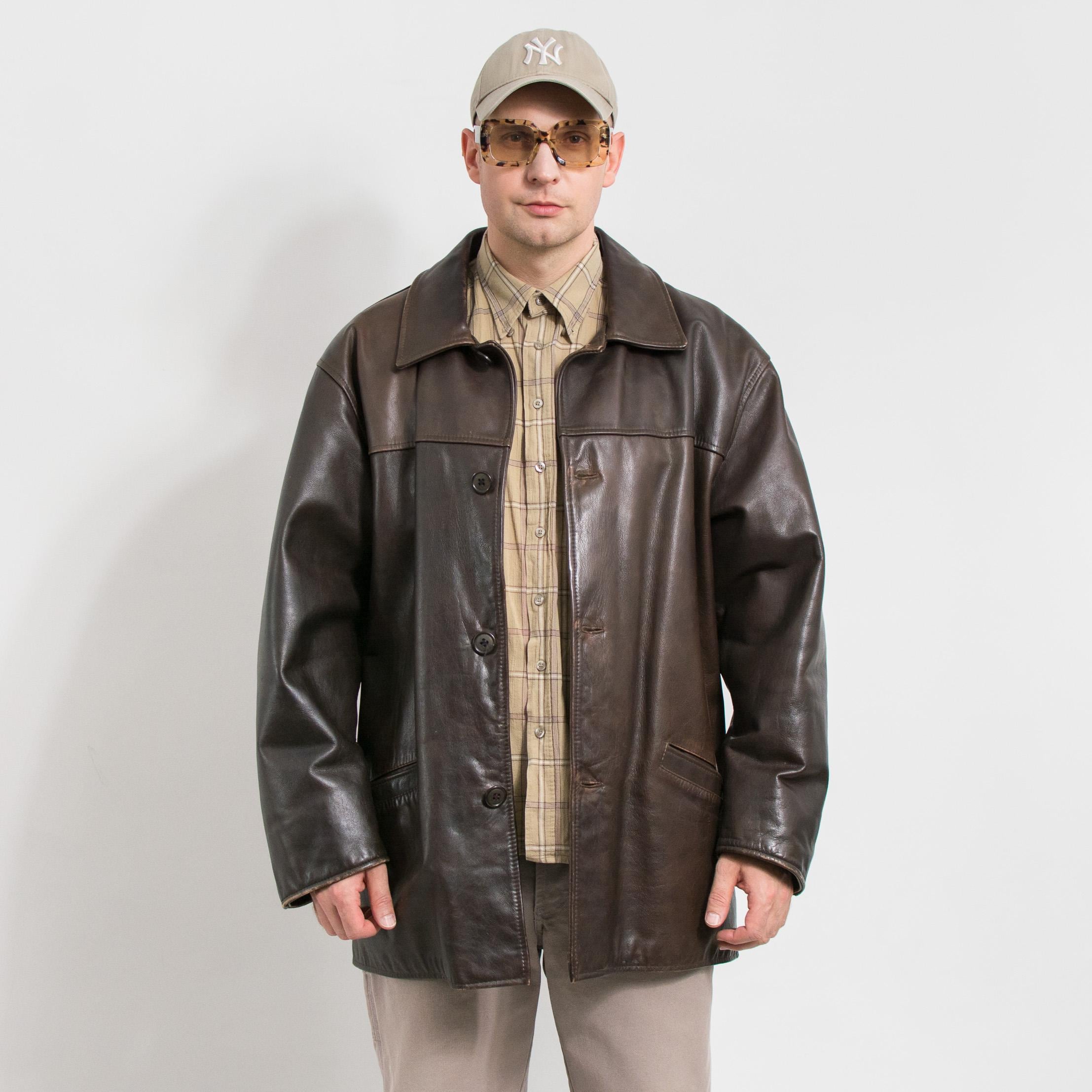 Brown Leather Jacket Vintage 90s Minimalist Oversized Coat Men