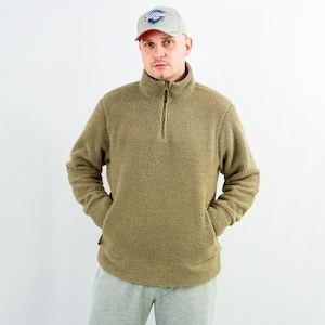 Vintage y2k fleece sweatshirt beige jacket warm men Large