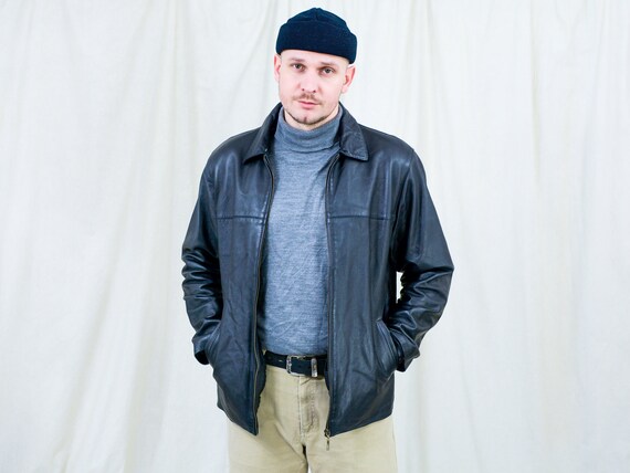 Black leather jacket vintage 90s lined men M/L