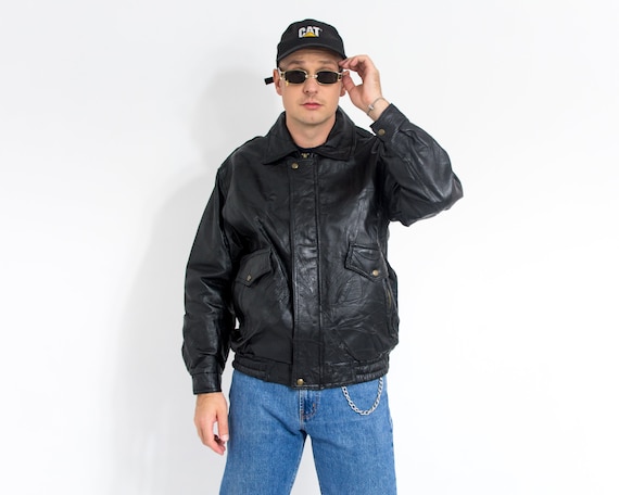 90's Tan Patched Leather Bomber Jacket