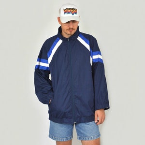 Navy blue jacket Vintage windbreaker 90s Sport striped hipster oldschool L Large