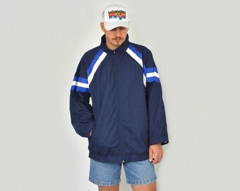 Navy blue jacket Vintage windbreaker 90s Sport striped hipster oldschool L Large