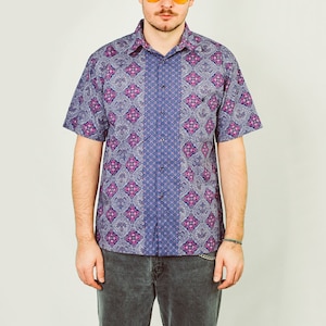 Printed shirt Vintage 90&#39;s purple patterned geometric summer button up down short sleeve cotton M Medium