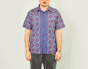 Printed shirt Vintage 90's purple patterned geometric summer button up down short sleeve cotton M Medium