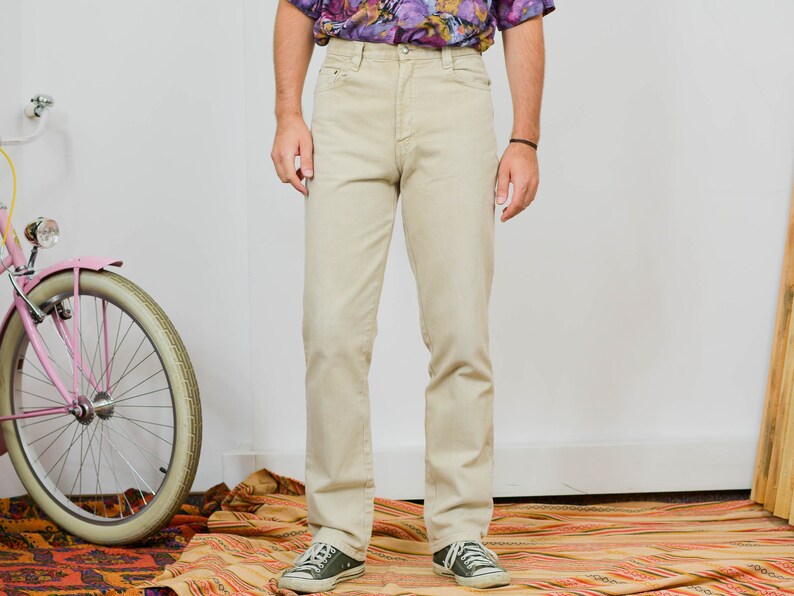 Beige jeans W32 L34 vintage 90/'s Angerlino heavyweight denim cotton high waist waisted pants straight fit leg 90/'s M Medium