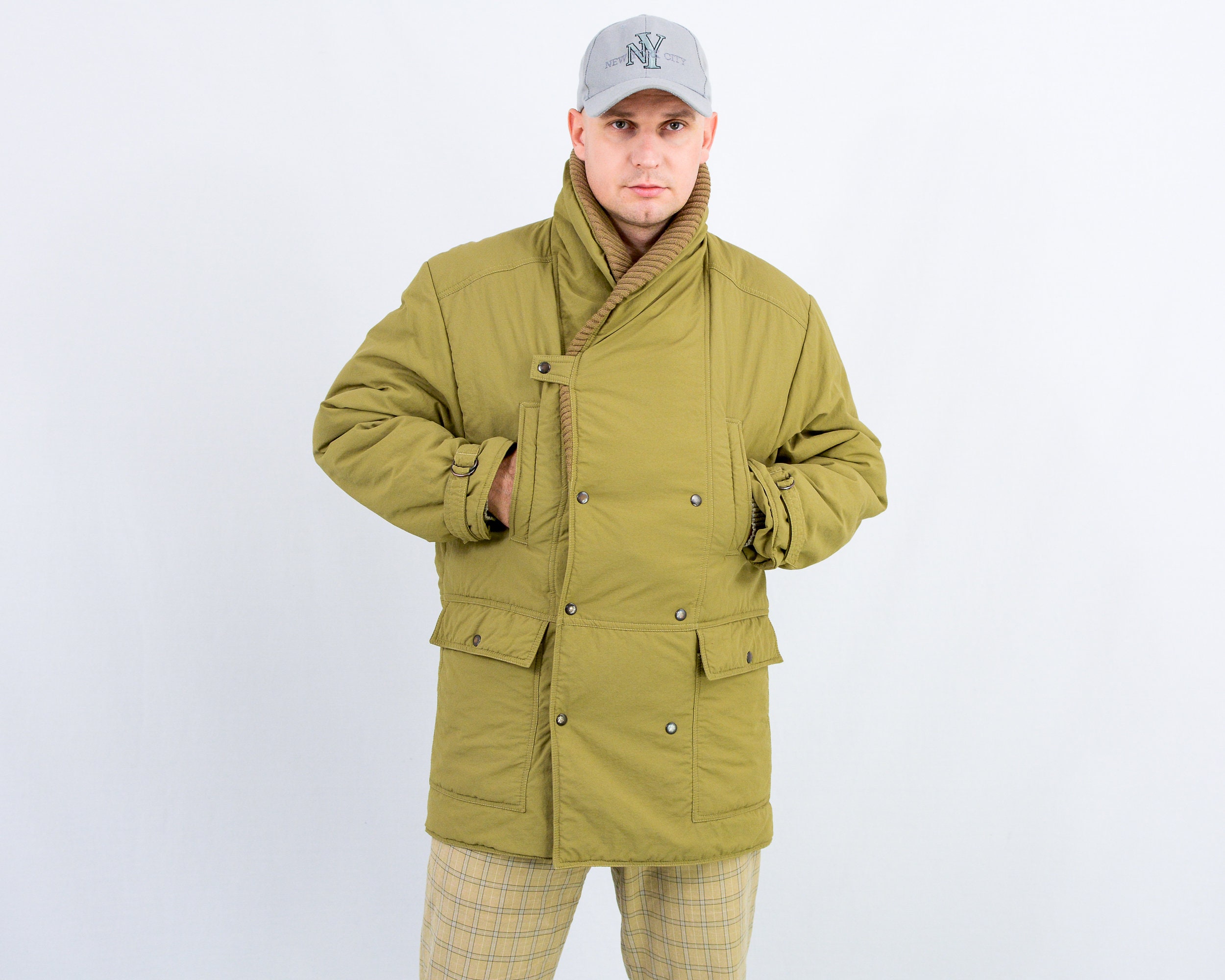 90s-00'S LLBean padded puffer jacket, men's size M Nylon Green type dark green Vintage Second Hand