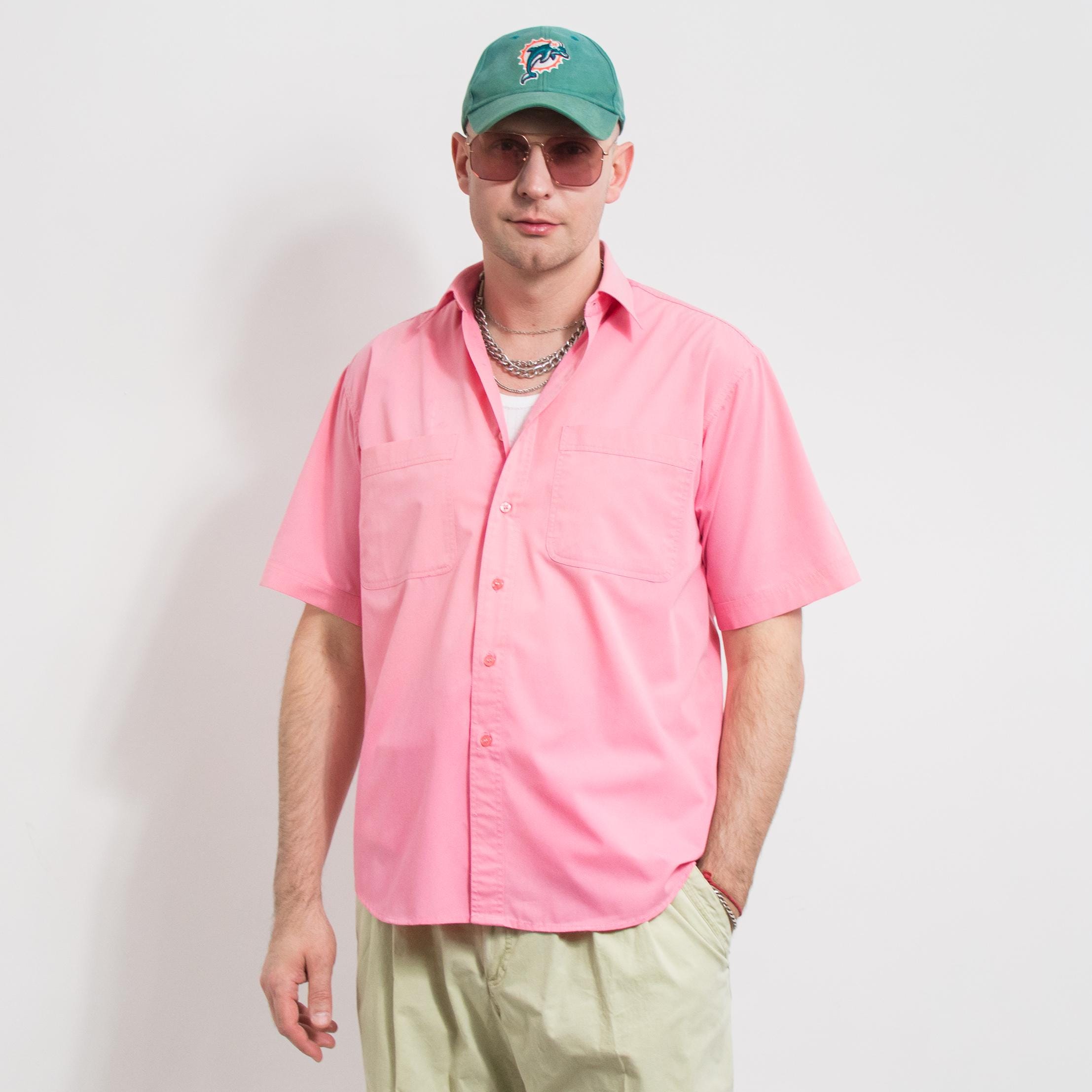 Vintage 90's Shirt Pink Button Down Short Sleeve 100% Cotton Men