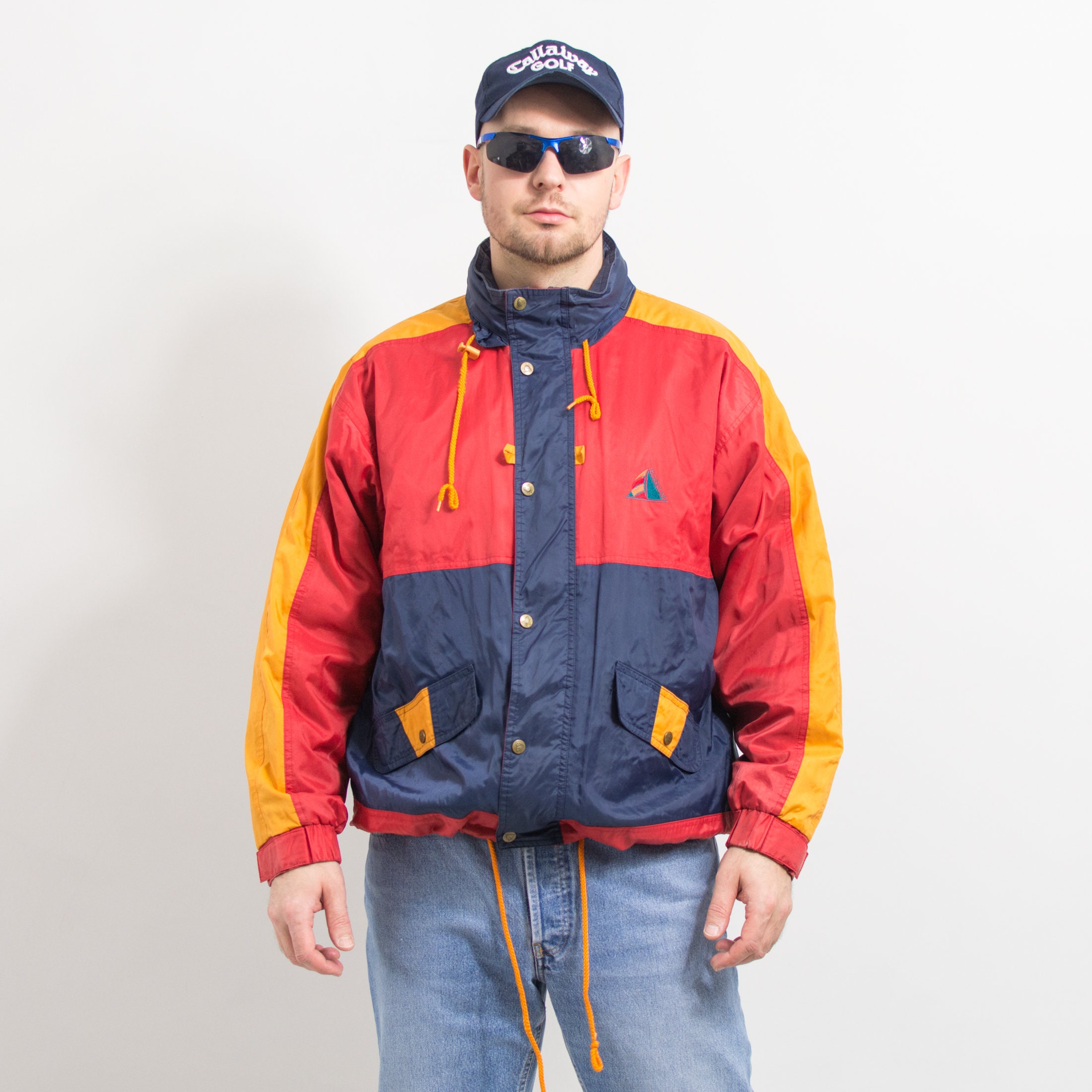 Vintage Windbreaker Multi Color Block Raincoat Jacket Hooded