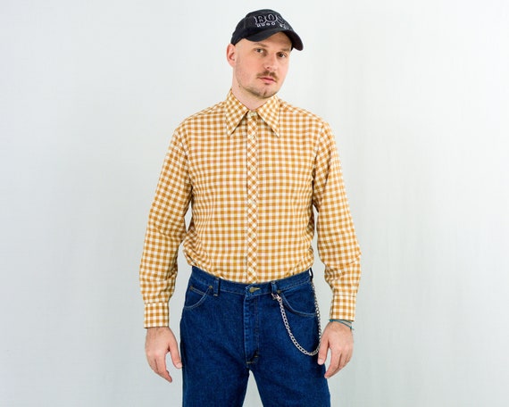 70s check shirt vintage button down collared top … - image 1