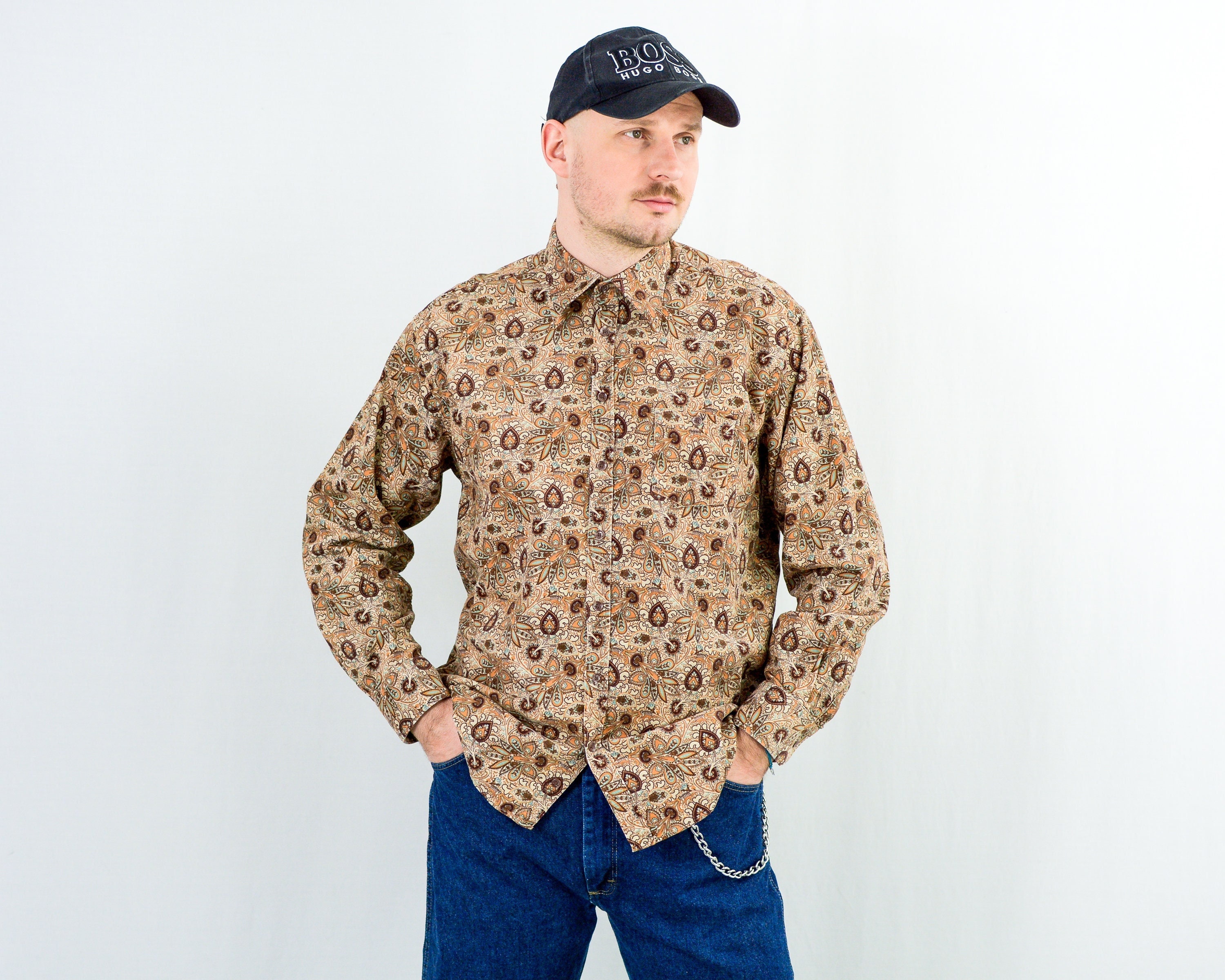 Printed Corduroy Shirt Vintage Floral Button Down 90s Men